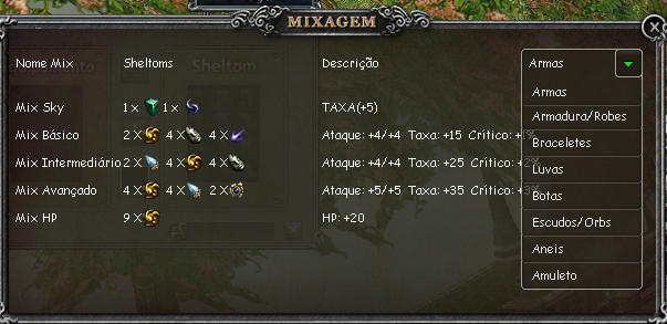 Janela da lista de Mix com receitas e requisitos